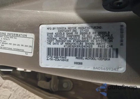 2003 Toyota Camry Xle из США, поврежденный, VIN 4T1BE32K93U240425